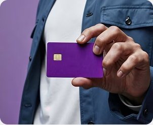 Pessoa segurando um cartão bancário roxo